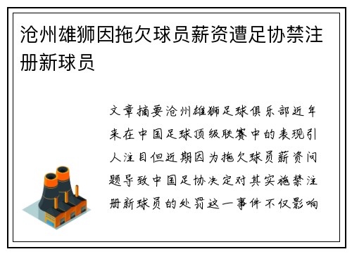 沧州雄狮因拖欠球员薪资遭足协禁注册新球员